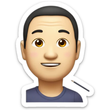 Japanese uncle with a fat round face, slightly droopy eyes and eyebrows, thick lips, large head, dark brown hair, smiling with a pencil sticker