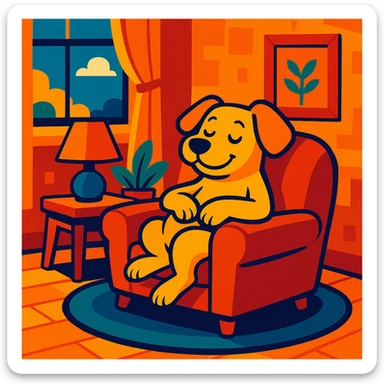 a dog relaxing in a cozy room, vibrant cartoon style sticker