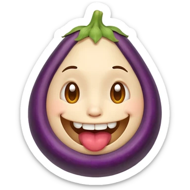 An ashamed, smiling round face emoji with a huge eggplant in mouth. sticker