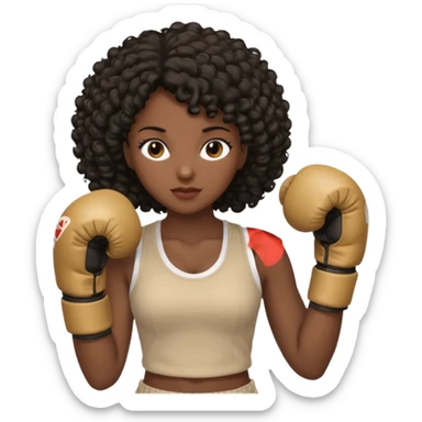 Black lady with curly black hair with beige clothes using beige boxing gloves sticker