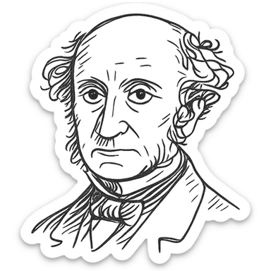 a hand drawn black outline portrait of philosopher John Stuart Mill with similar-sized eyes based a famous portrait of him sticker
