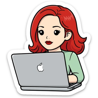 white-skinned red-haired woman with middle-parted red hair, red lipstick, using a MacBook sticker