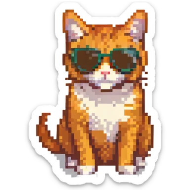 orange tabby cat wearing sunglasses, pixel art style sticker