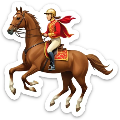 An icon showcasing a majestic horse and rider in full gallop across a lush green field. The background features a clear sky, distant mountains, and a vibrant landscape. The rider wears traditional gear, while the horse leaps with grace and power. Transparent background sticker