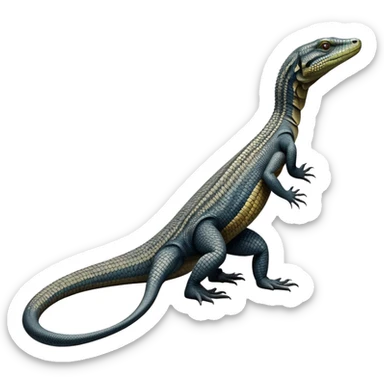 cinematic-monitor-lizard-realistic-full-body-standing on all fours-emoji,-long-powerful-tail-dragging-slightly-behind,-sleek-scaled-body-textured-with-rich-patterns and stripes,-head-tilted-dramatically,-dark-intense-eyes-observing-its-surroundings,-simplified-yet-realistic-focused-features,-highly-detailed,-glowing-with-an-almost-sarcastic-glow sticker