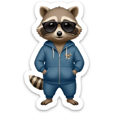 friendly anthropomorphised raccoon in a Sopranos-style mafia tracksuit, wearing dark sunglasses, relaxed pose sticker