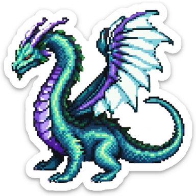 fantasy wyrm, serpentine body, big wings, long tail, shimmering green, blue, and purple colors sticker