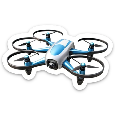 An icon showing a racing quadcopter drone in the foreground, flying at high speed through a course filled with obstacles and checkpoints. Other drones zoom in the background over a dynamic landscape. Transparent background highlights the thrill and precision of drone racing. sticker