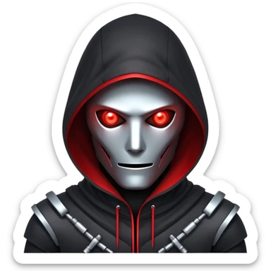 Evil robot hacker with glowing red eyes, dark hood, binary code, sinister expression sticker