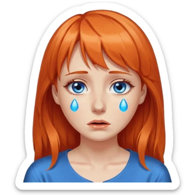 A woman with dark orange hair and bangs, blue eyes, an asmr streamer, crying, sticker