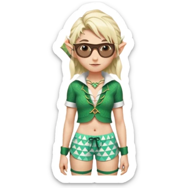 elf female legolas portrait, patterned board shorts (geometric/abstract), unique wooden-framed sunglasses, undercut hairstyle, slight smirk, visible pointy ears, no background, centered emoji, hipster summer vibe coctails sticker
