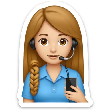 emoji estilo iPhone de uma menina parda mais escura, cabelo enrolado, camisa branca de gola V, sorrindo, com fone de telemarketing sticker