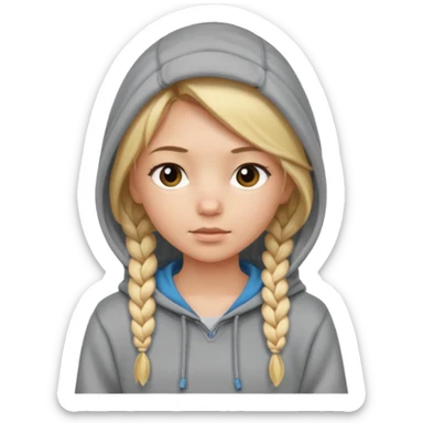 blonde braided girl with her head covered in a sweatshirt and hood sticker