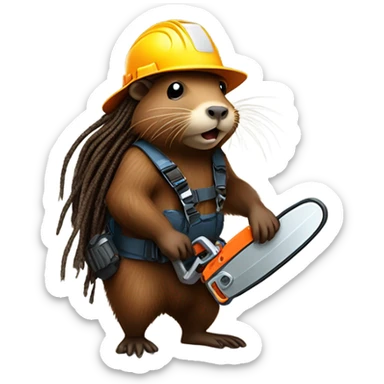 Beaver with dreadlocks in climbing gear with a chainsaw  sticker