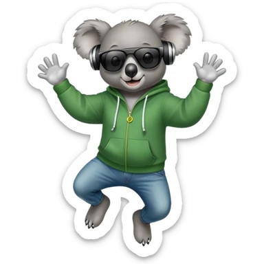 anthropomorphised koala, full body, wearing a hoodie and jeans, dark sunglasses, headphones, dressed for St. Patrick's Day, jumping sticker