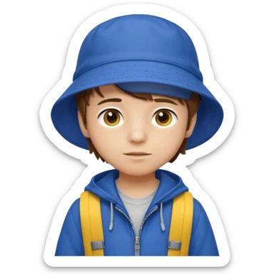 Little student, brown hair boy, wears blue bucket hat and jacket, yellow backpack, shy sticker