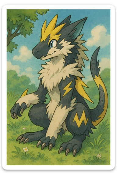 Sergal-Protogen-Trico-Zeraora-Vernid-fusion-hybrid-creature, drawn in a Pokémon/Digimon style sticker