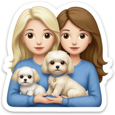 two women holding Maltese dog one is brunette the other is blonde long haired  sticker