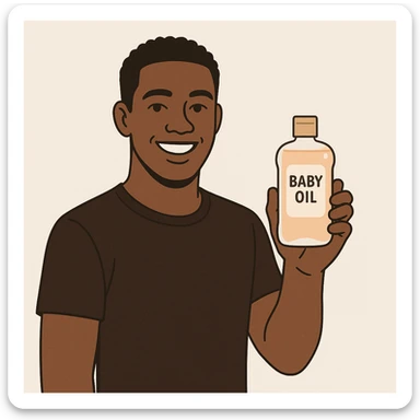 A Black man smiling and holding baby oil, minimal background, modern style sticker