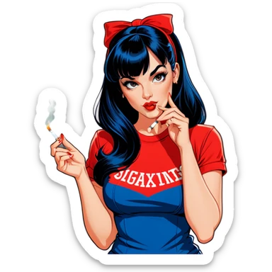 Sexy young pinup woman lighting up a cigarette she has long dark blue black hair with front bangs and she’s wearing a red t shirt  sticker