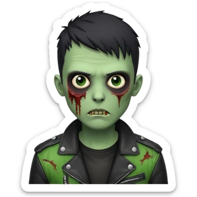 Hombre zombie de piel verde con chaqueta de cuero punk, pelo corto negro sticker