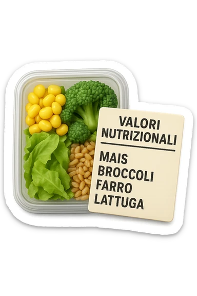 SU QUESTO STILE FAI UN EMOJI STILE IPHONE 3D DI UN INSALATA PRECONFEZIONATA DA SUPERMERCATO CON FOCUS SU ETICHETTA NUTRIZIONALE CON GLI INGREDIENTI IN ITALIANO TIPO: MAIS, BROCCOLI, FARRO, ACCANTO ALL'INSALATA CHE HA IN MANO C'è UN FOCUS SULL'ETICHETTA CON GLI INGREDIENTI SCRITTI, FALLO MOLTO REALISTICO IN 3D sticker