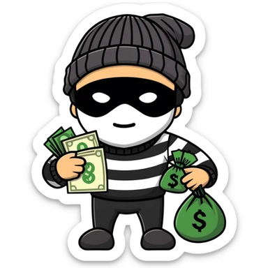 burglar wearing black and white striped shirt, black beanie, black mask over eyes, holding a moneybag sticker