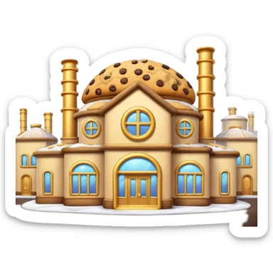 Exterior of a luxurious cookie factory with shiny golden pipes covering the walls and roof, steam clouds rising from vents, glowing windows, emoji-style sticker