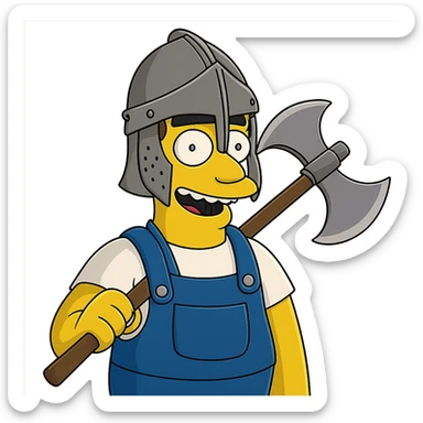 Regenerate the image keeping the same angle, facial expression, clothing, and size proportions of the character, but add a medieval axe and helmet to the hero. Maintain the Simpsons style with a transparent background. sticker