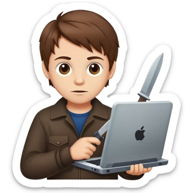 Brown haired boy with knife and computer sticker