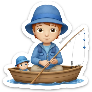 Little boy on a little boat fishing, felt texture, scrapbooking, precious moments style character sticker