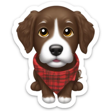 Chocolate brown colored doodle with a red and black flannel hankerchief holding a plush trout fish chew toy sticker
