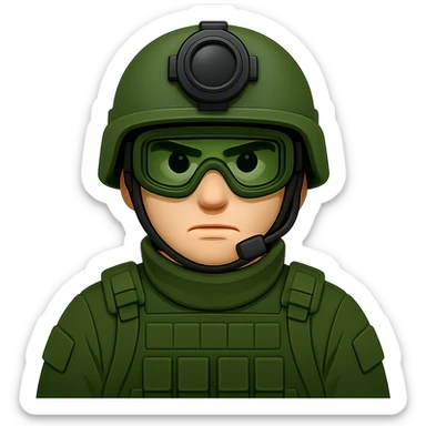 Make the white-skinned male soldier look even cooler and more intimidating, wearing stylish green gear, a distinctive modern helmet, and night vision goggles. Render in emoji style with no background (transparent). sticker