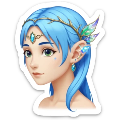 portrait of blue haired Elvish fae shiny sparkly iridescent translucent diaphanous ear climber ear cuff sticker