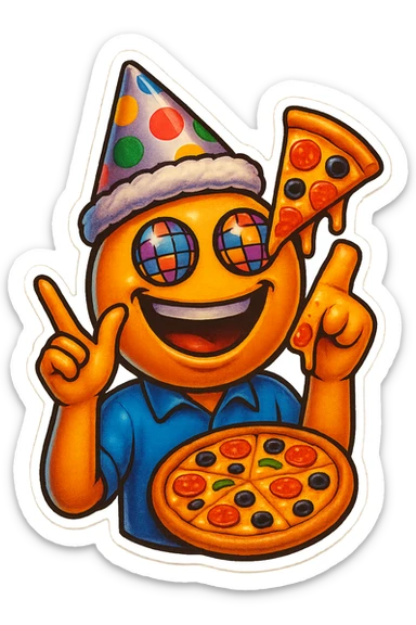 Make the left hand clearly form a finger gun gesture, while keeping the rest of the emoji the same: laughing face with disco ball eyes, tilted party hat, and holding pizza in the other hand, with no background. sticker