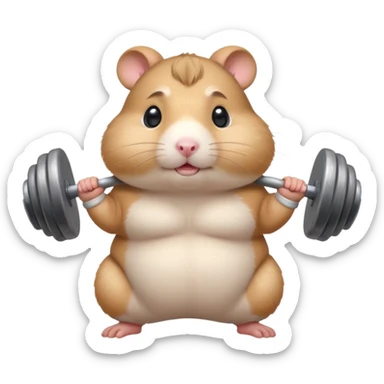 Cute cartoon-style chubby hamster standing upright, wearing a tiny sweatband, lifting oversized dumbbells with determined expression. Soft painterly shading, expressive eyes, white background, sticker-style illustration sticker