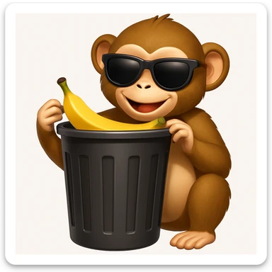 Add cool sunglasses to the silly monkey in the trash can, keeping the playful emoji style look. sticker