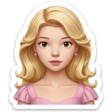 Cinematic Realistic Anya Taylor Joy Portrait, depicted with lifelike skin texture, subtle rosy undertones, and soft natural lighting that enhances the gentle contours of her face. Her intricately detailed golden blonde hair is elegantly wavy, and pink dress corquette sticker