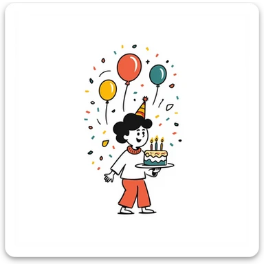 Vibrant, multi-colored illustration of a little boy with a colorful birthday cake, lots of colorful confetti, balloons, and party elements. Below the illustration, in a separate text area, write in very clear, large Persian characters: "امیدرضا جان تولدت مبارک" sticker