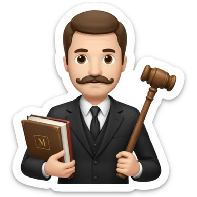Create a male lawyer. he is wearing a fromal suit jckeret. He is holding a gavel in one hand and a book tucked under his another arm. He has a mustache and BEARD both! sticker