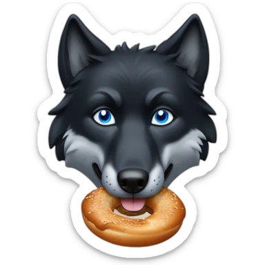 a full black wolf with blue eyes eats a bretzel sticker