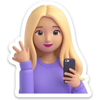 3D emoji style character with long straight blonde hair, light skin, soft expression, wearing a light sweater, selfie pose sticker