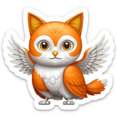 crea un gato con alas de búho con pelaje color naranja y blanco sticker