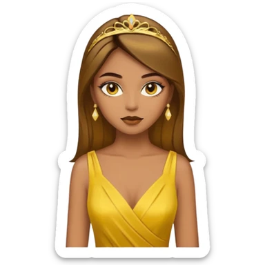 Woman using a long elegant yellow dress. She has medium skin tone and a brown with gold makeup sticker