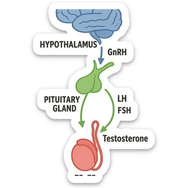 clear and realistic infographic of the HPT axis (hypothalamus-pituitary-testes): showing hypothalamus, pituitary gland, and testes connected by arrows, including hormone names (GnRH, LH, FSH, testosterone), simple diagram, distinct colors for each part, isolated on white background sticker