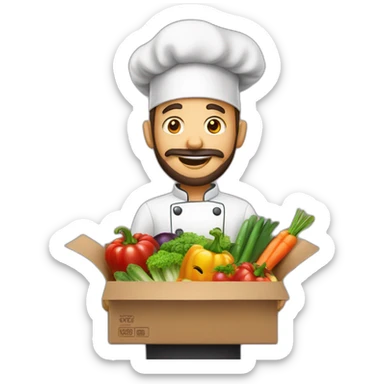 A CHEF WITH A SURPRISE BOX full of vegetables with no hat chef and a beard sticker
