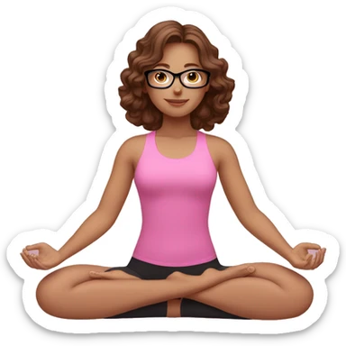 White girl dressed in pink with wavy brown hair, brown eyes and black glasses doing yoga sticker