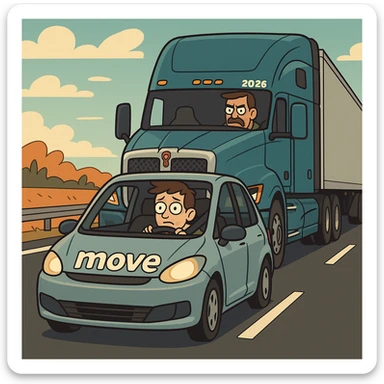 modern semi truck 2026 Kenworth W680 following a car on the highway, the car has 'move' written on it, playful, bold lines, vibrant colors sticker