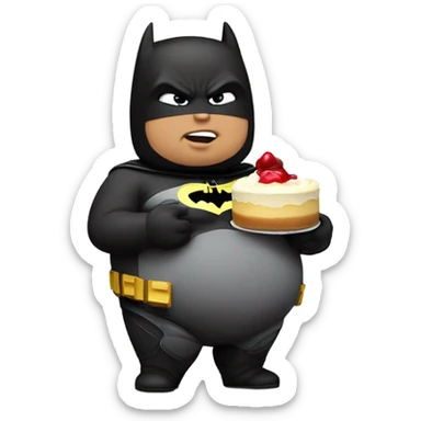 Obese man wearing Batman suit and holding baby while eating a Philly cheesecake sticker