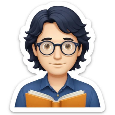 Man with longer wavy black hair, round glasses, dark blue buttoned shirt, holding program booklet for a play sticker